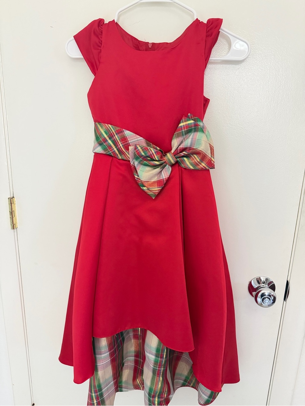 Red Girls' Holiday Dress with Plaid Bow